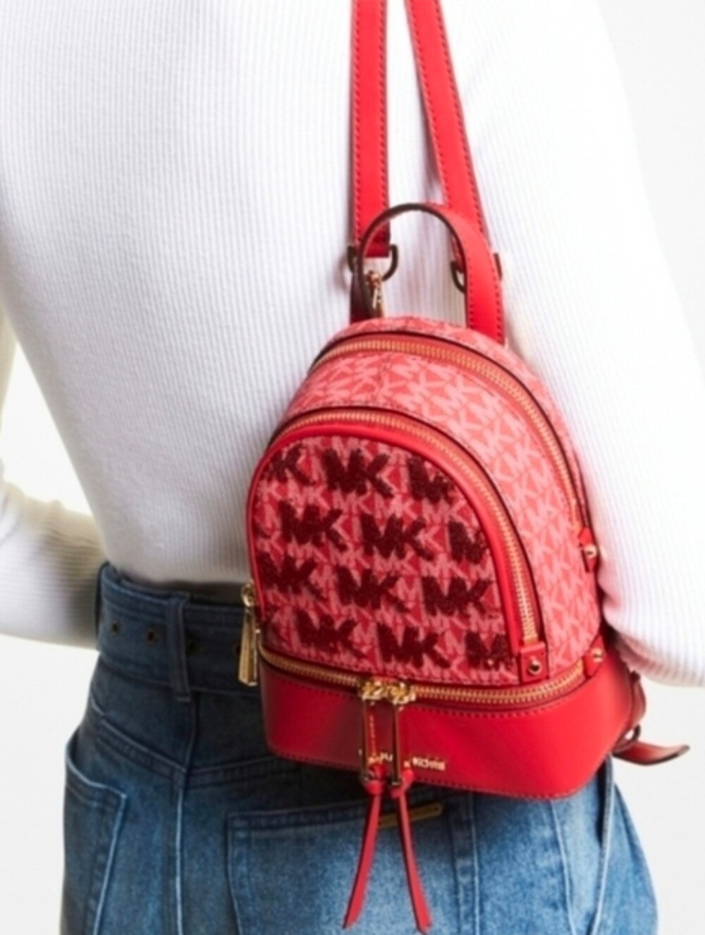 Michael Kors Rhea Extra Small Red Logo Convertible Backpack - Picture 6 of 7